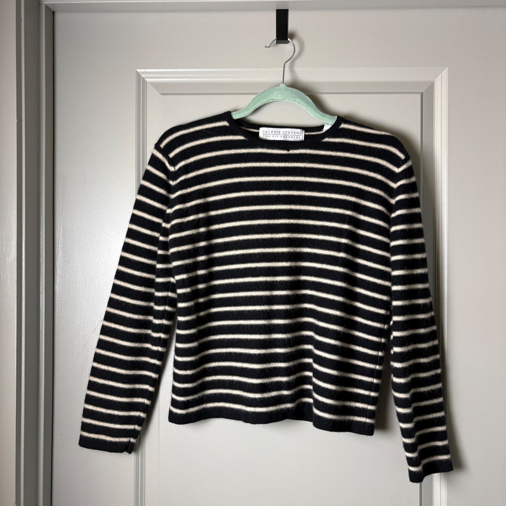 Valerie Stevens Cashmere Striped Crewneck Sweater Black Cream Large